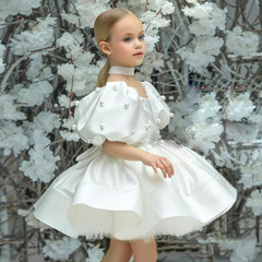 Children's dress princess skirt white tulle girl model fashion show evening gown flower child little host performance costume