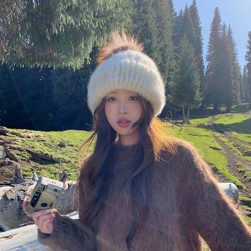 韩国女士冬季皮草帽子水貂毛休闲编织弹力甜美女帽狐狸毛球贝雷帽|undefined
