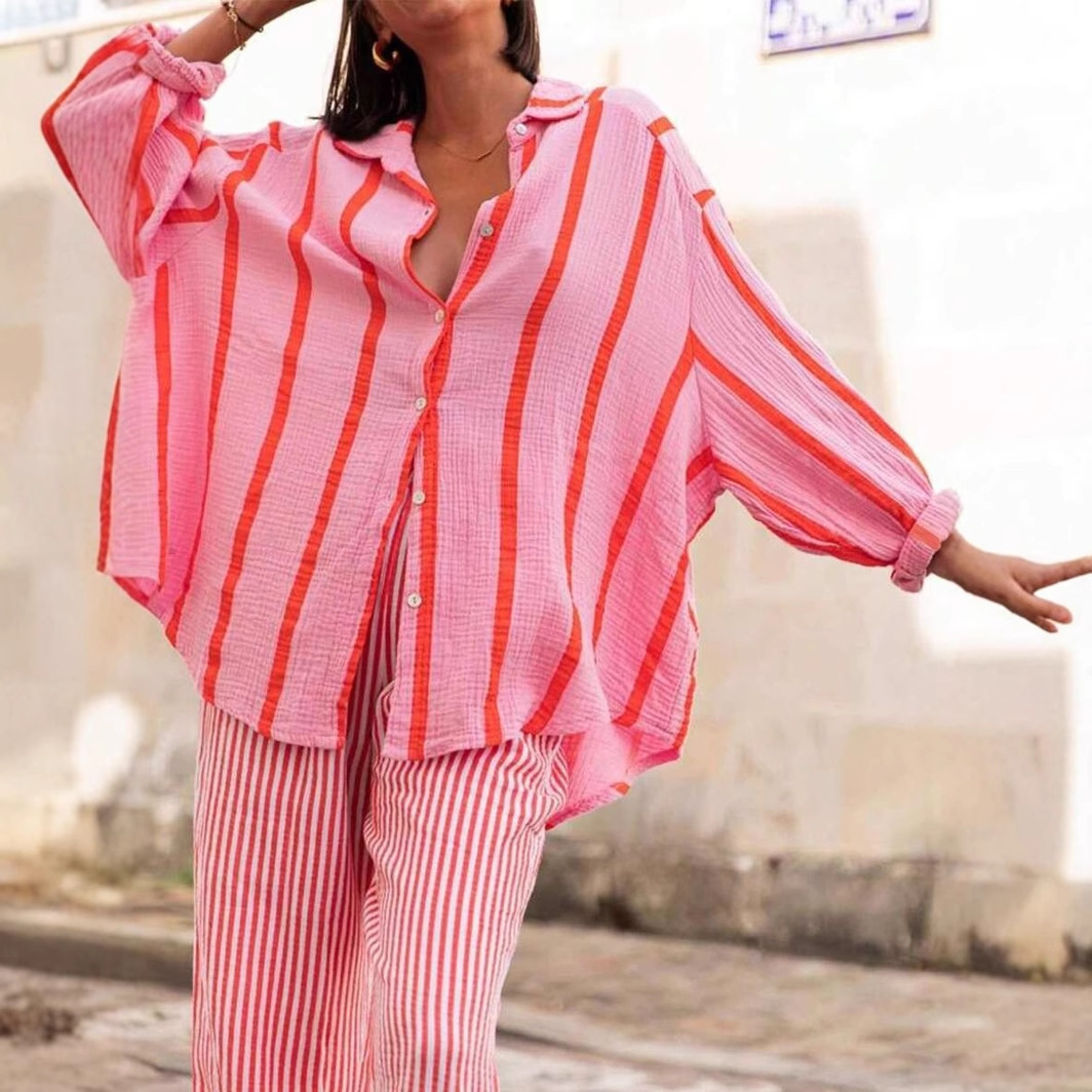 Cozy Striped Long Sleeve Button Down Blouse