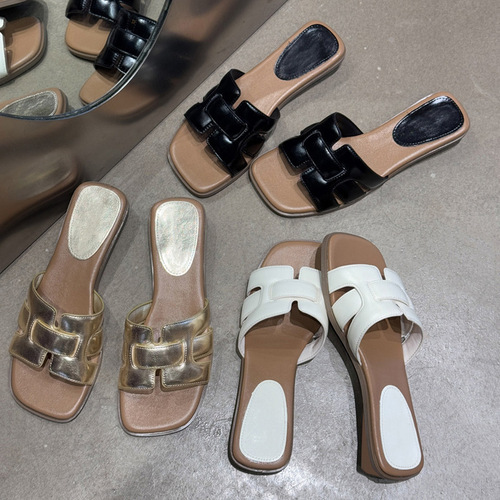 Fashion Slides for Women 2025 Summer Square Toe High Heel One-Piece Versatile Casual Fashion Beach Sandals