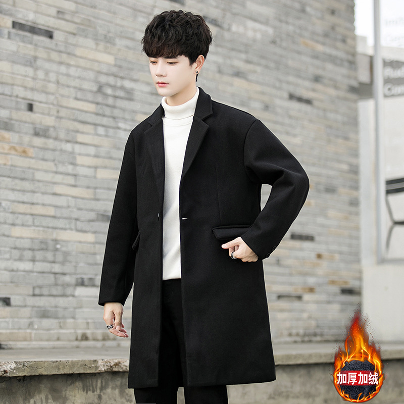 韩版毛呢大衣男中长款过膝秋冬季加棉情侣装呢子外套ins潮流风衣