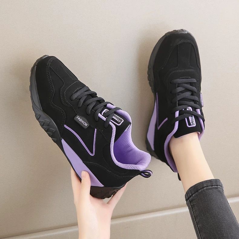 Korean Style Low-Top Running Shoes for Women 2025 Autum Breathable Lace-Up Casual Sports Shoes Color Matching Retro Heightening Dad Shoes
