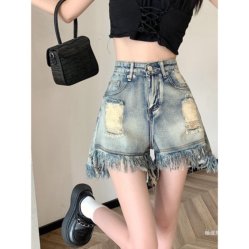 Plus-Size Ripped A-Line Denim Shorts for Women, Summer Thin Style, Loose High-Waisted, Slimming Straight Wide-Leg Hot Pants Plus-Size Ripped A-Line Denim Shorts for Women, Summer Thin Style, Loose High-Waisted, Slimming Straight Wide-Leg Hot Pants