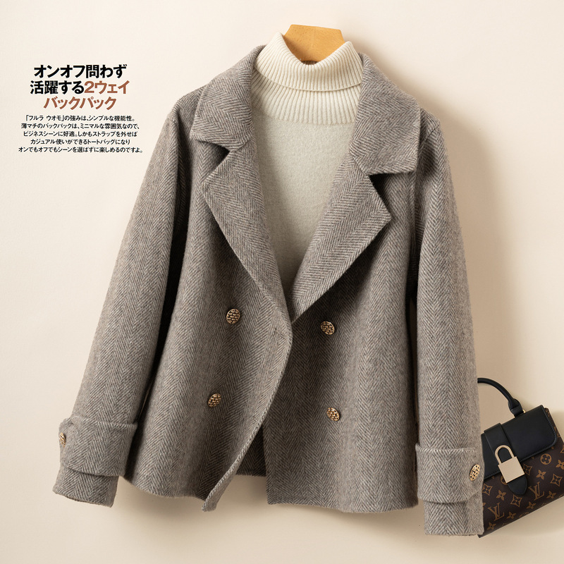 French-Style Short Pure Wool Double-Sided Woolen Coat for Women, with a Suit Collar and Double-Breasted Design, New Autumn and Winter Model for Petite Figures