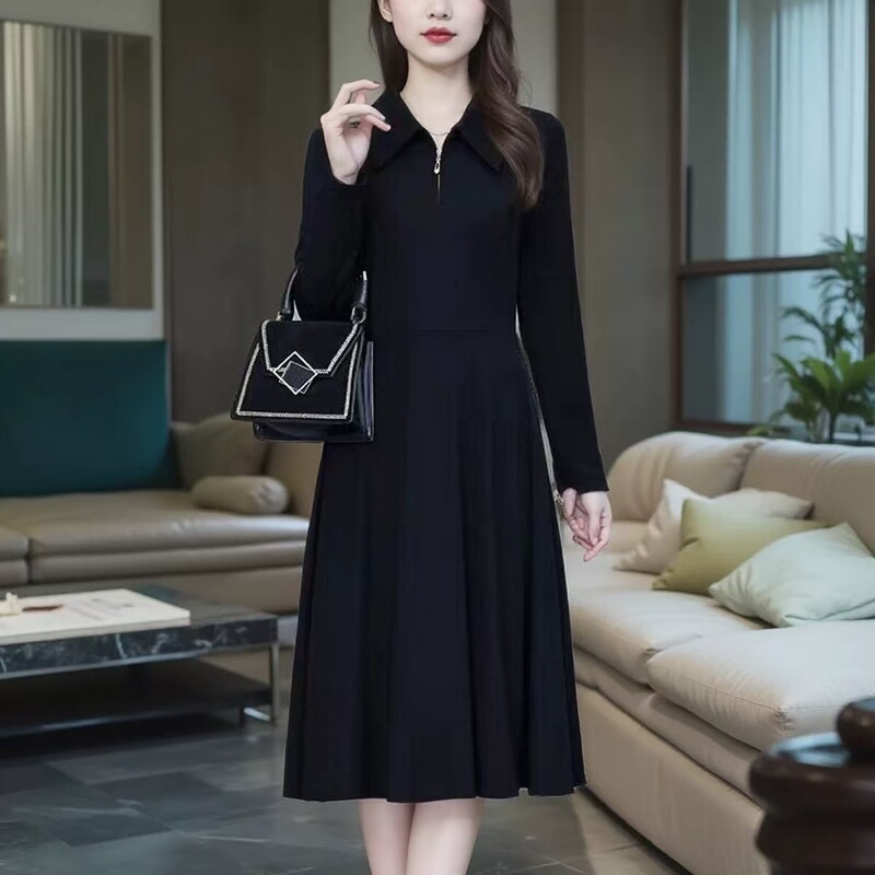 2025 Spring, Autumn and Winter Large Size Long Sleeve Polo Collar Black Bottoming Dress Fat mm Waist Slimming Covering Flesh Mid-Length Skirt