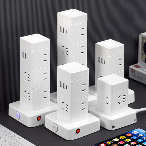 Vertical tower socket multi-function with USB charging office multi-hole strip household LED desk lamp with cord plug board