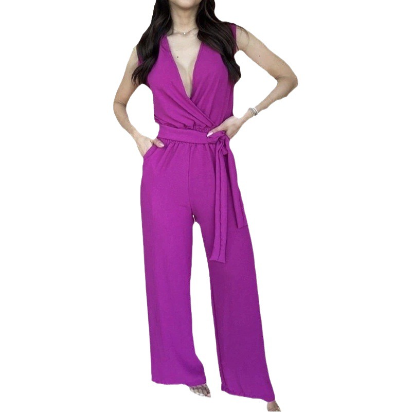 Ropa de mujer europea y americana 2024 primavera nuevo color sólido con cuello en V sin mangas con cordones cintura alta suelta pierna ancha Pantalones de mujer