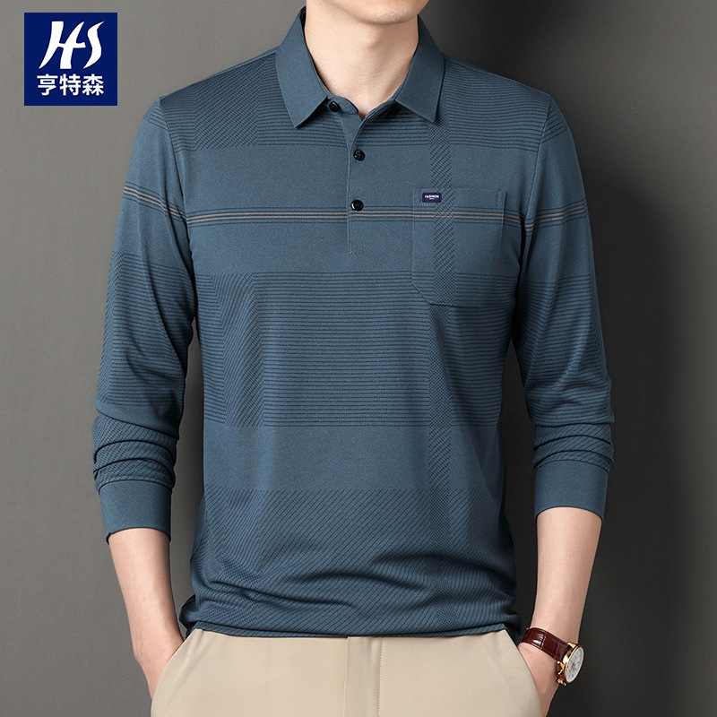 Huntson Dad Wear Men's Long-sleeved T-shirt Men's Real Pocket Top Striped Men's Polo Shirt