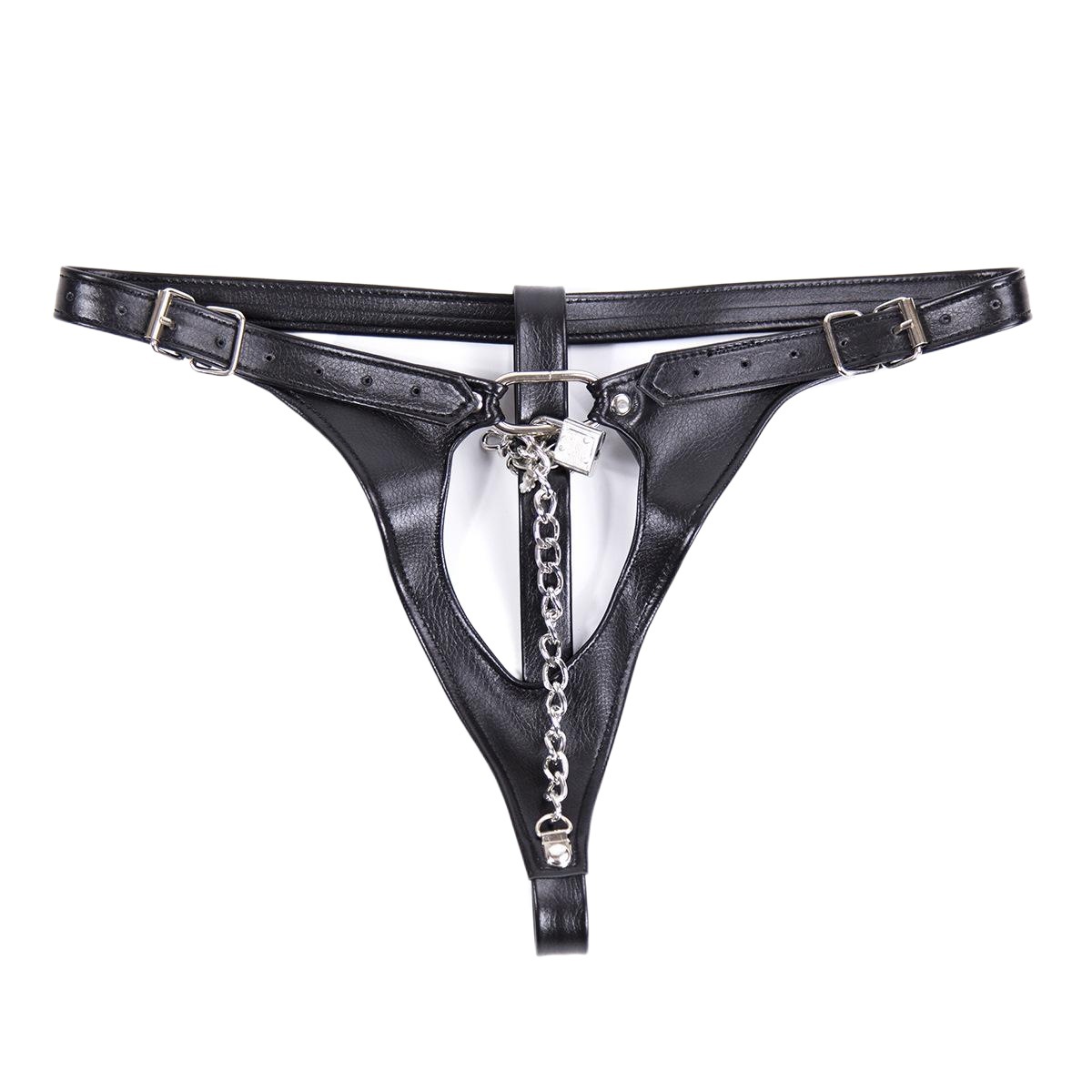 Sexo adulto suministros pareja coqueteo juguetes pantalones de cuero de las mujeres en forma de corazón melocotón corazón cadena de hierro castidad ropa interior cuero tenedor T Pantalones image 1