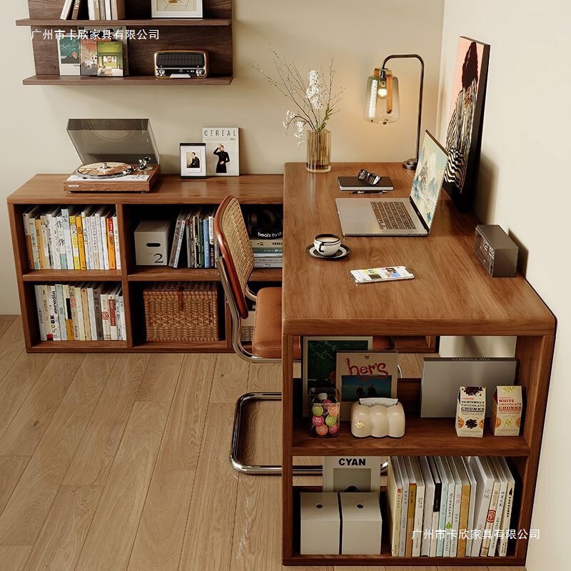 Desk and Bookcase Integrated Bedroom Home L-Shaped Computer Desk 2025 New Model Solid Wood Corner Study Desk Computer Desk