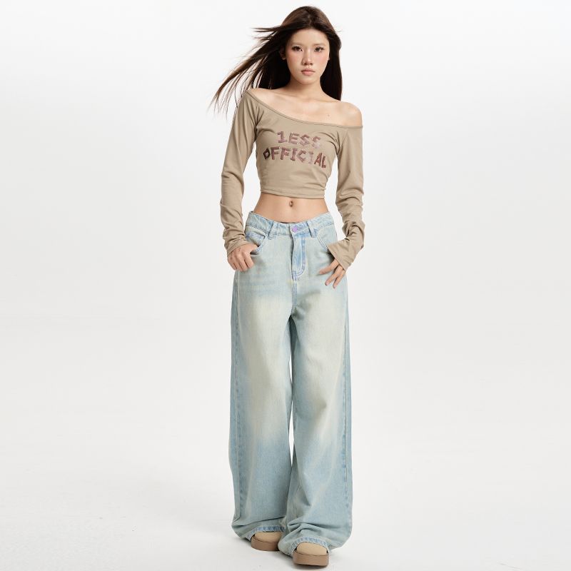 American retro light blue wide-leg jeans for women in autumn and winter new low-waist loose drape floor-moving pants