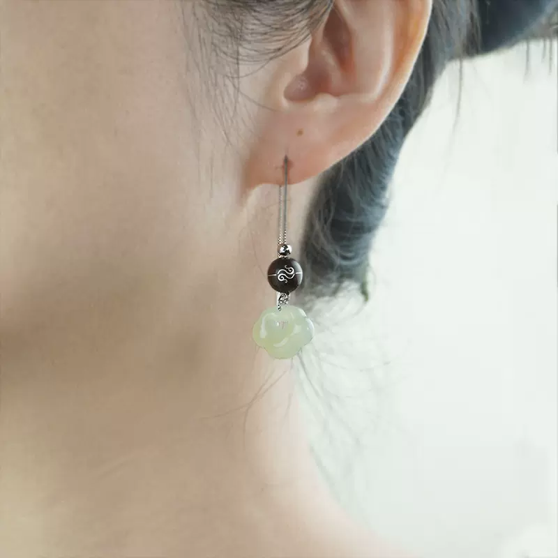 印度小叶紫檀手工木镶银祥龙如意耳饰轻奢高级感耳环饰品S925耳线