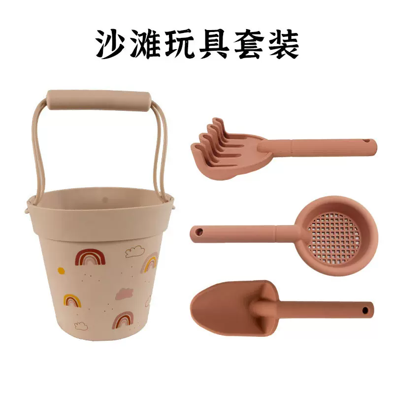 跨境硅胶沙滩玩具套装手提桶亲子戏水挖沙铲工具海边沙滩桶批发