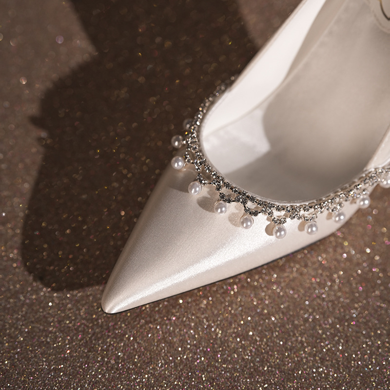Women's Satin Stiletto Heels White Pearl Chain Wedding Engagement Fairy Dress Shoes New Style_voghion.com
