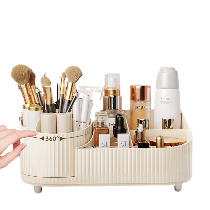 Caja de almacenamiento de cosméticos de escritorio a prueba de polvo comedor lápiz labial caja de acabado de productos de cuidado de la piel estante de almacenamiento giratorio transparente