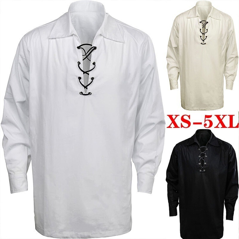 2026 Spring/Summer New Amazon European Size Men's Fashion Trendy Lace-Up Collar Long Sleeve Hippie Casual Shirt for Men 2026 Spring/Summer New Amazon European Size Men's Fashion Trendy Lace-Up Collar Long Sleeve Hippie Casual Shirt for Men