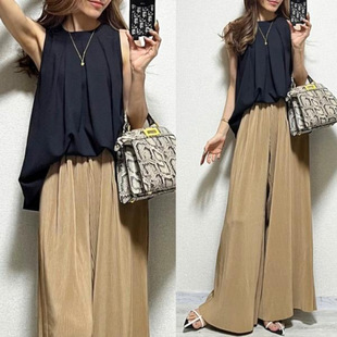 Two-Piece Set of Japanese and Korean Style Outer Singles 2025 Summer New Loose Sleeveless Round Neck Top + Wide Leg Pants Suit for Women