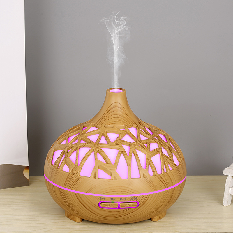 Nuevo grano de madera creativa hueco colorido luz Bluetooth control remoto audio aceite esencial máquina aromaterapia humidificador 500ml