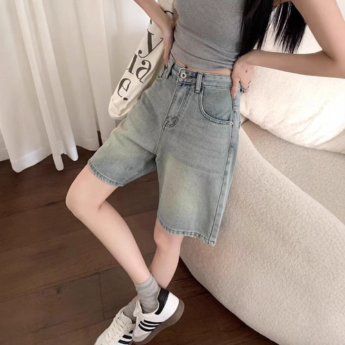 Women's Summer 5-inch Retro Plain Denim Shorts with Hong Style, Loose Streetwear Trend Brand Pants for Outdoor Wear in 2025
