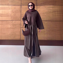 欧美亚马逊女装2025秋季新款圆领长袖纯色宽松上衣气质半裙套装女