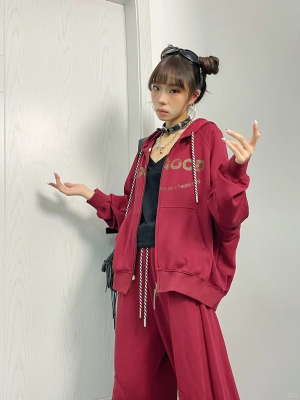 纯棉甜酷ootd穿搭休闲运动套装服女春秋连帽卫衣宽松阔腿裤两件套|undefined
