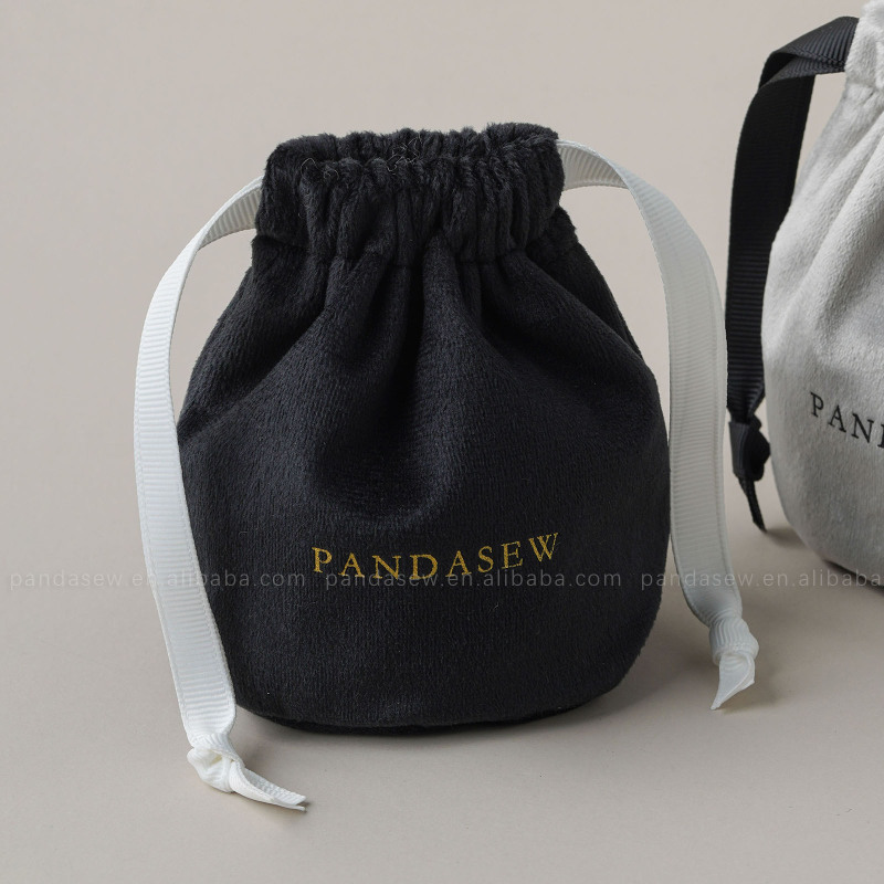 Pandasew印制logo薄款丽丝绒圆底束口袋收纳项链耳钉首饰抽绳袋|undefined
