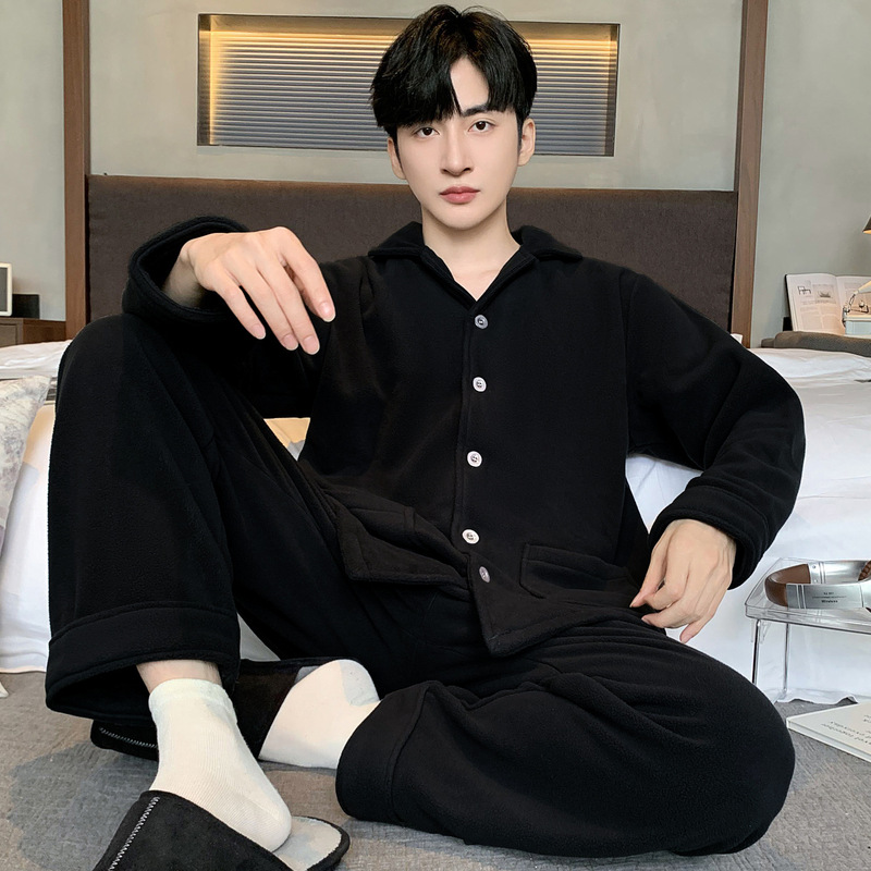 Polar Fleece Pajamas Men's Winter Lapel Cardigan Pure Color Thickeneded Soft Men's Long-Sleeved Suit Large Size Home Clothes