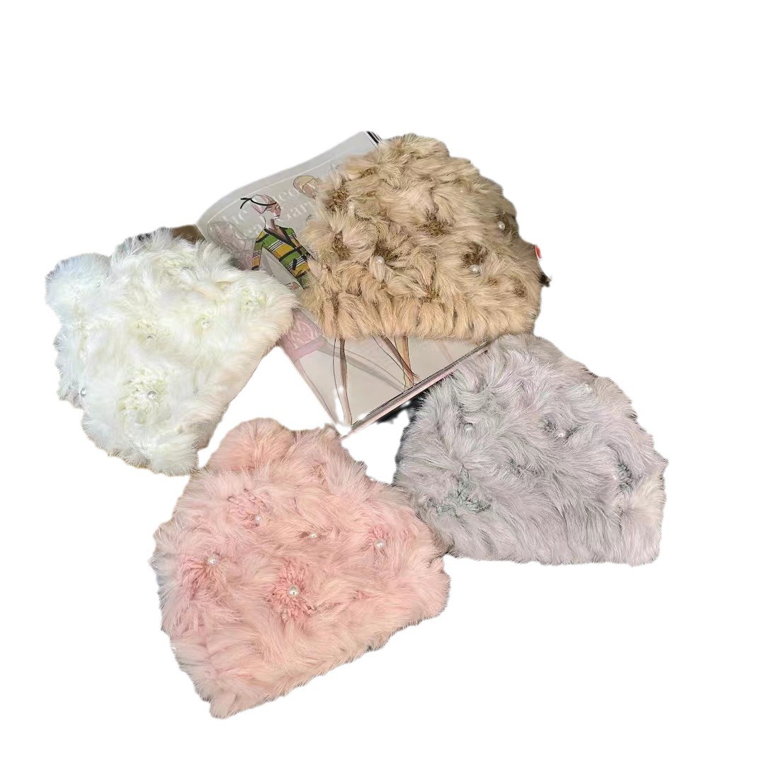 Gorro tejido de pelo de conejo grueso mejorado para mujer, Protector de orejas de piel hecho a mano, bola de lana de moda bonita_voghion.com