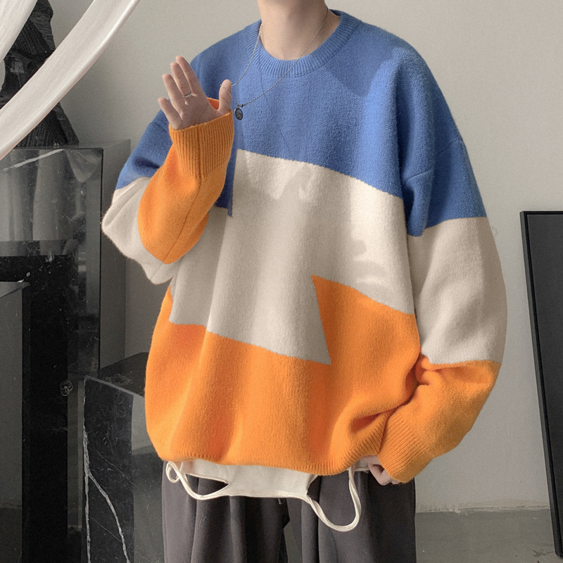 Autumn and winter thick fashion Instagram contrasting color thickened men's Korean version trend patchwork knitted_voghion.com