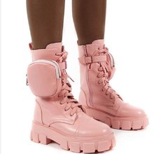 2021年秋冬新款厚底英倫女靴圓頭女士機車靴騎士靴坡跟口袋背包靴