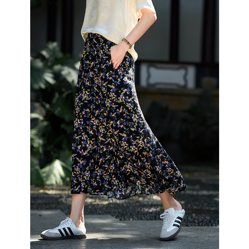 100% Mulberry Silk French Floral Silk Midi Skirt Long Skirt 2026 Spring/Summer Elastic Waist A-Line Bubble Skirt Fishtail Skirt