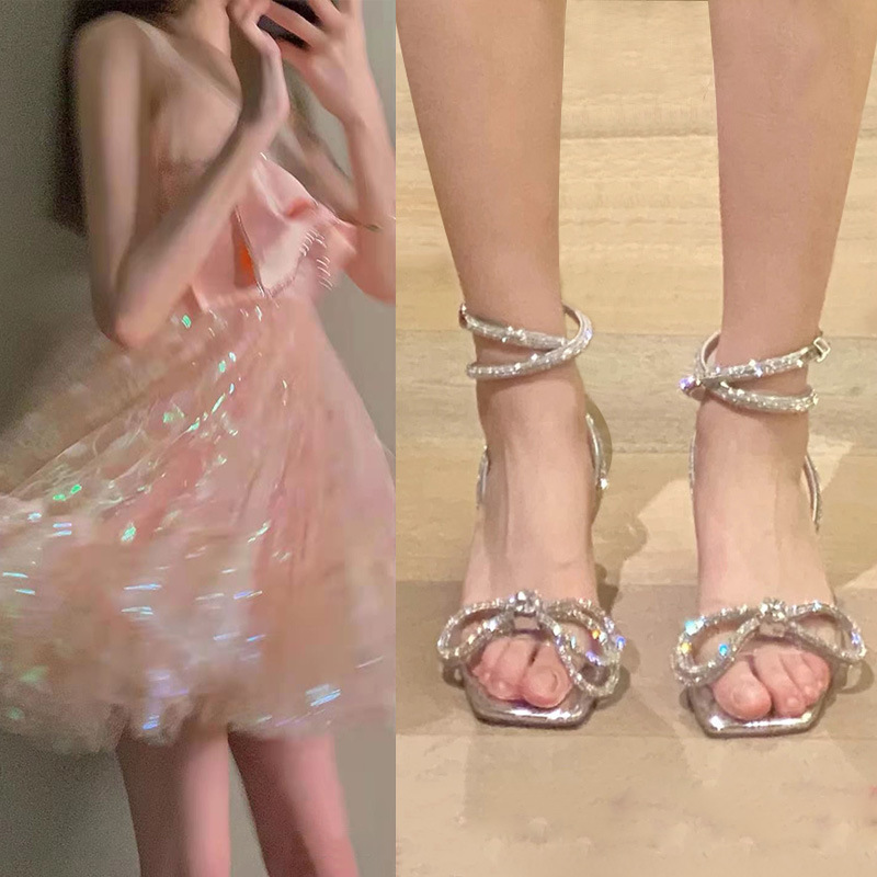 【Tax Not Included】Rhinestone Sandals for Women, Summer 2023 New Style, Square Toe, Chunky Heel, Single Strap, Bow High Heels