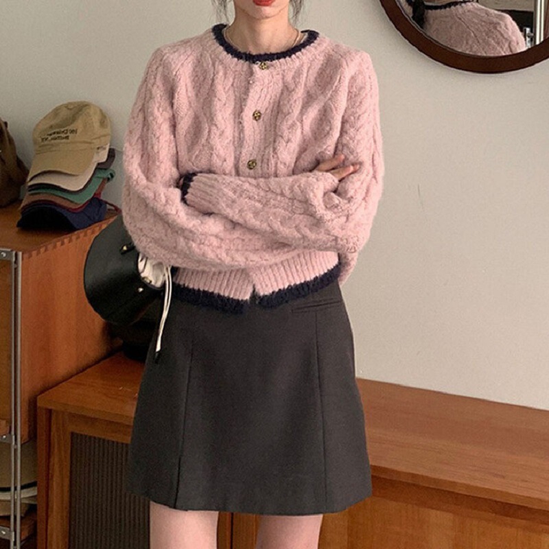 麻花圆领毛衣外套女新款秋冬季百搭宽松慵懒风短款小个子针织开衫|undefined