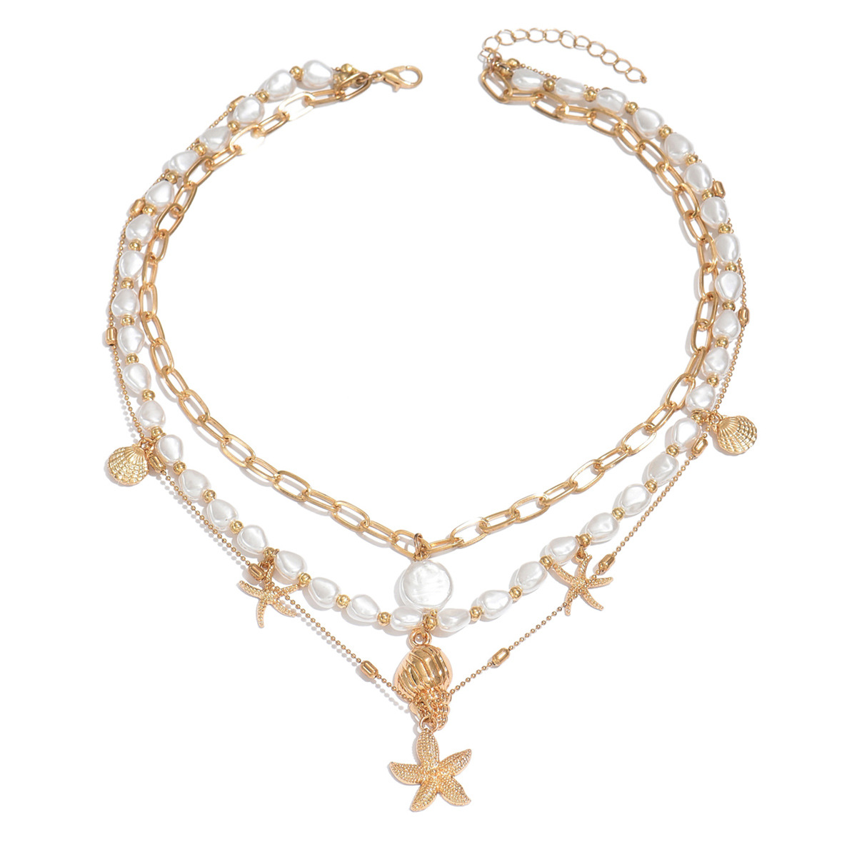 Layered Starfish And Conch Shell Necklace For Women Beach Style_voghion.com