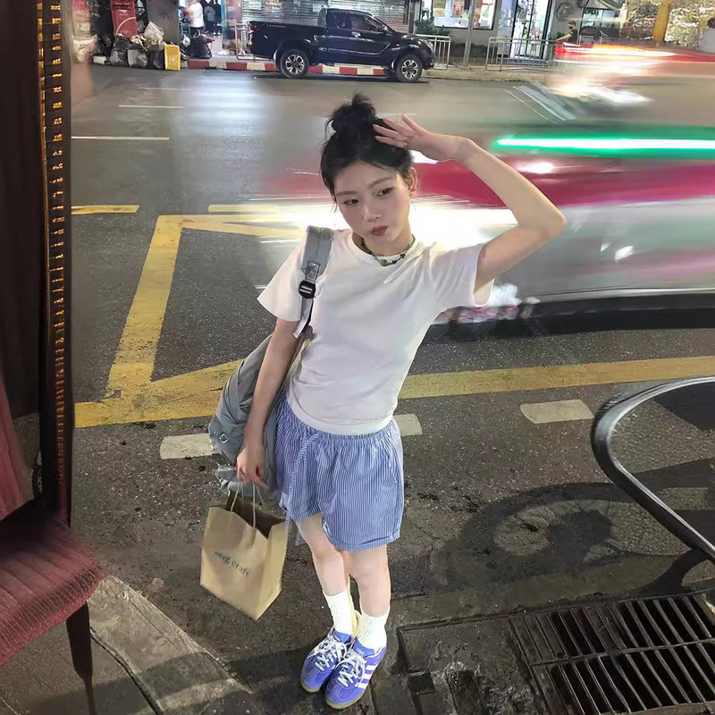 Original American Style Striped Casual Blue Embroidered Shorts Women's Breathable Quick-drying Drawstring Hot Girl Sports Wide Leg Beach Pants