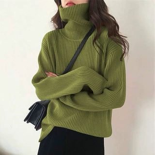 高领毛衣女秋冬加厚慵懒风宽松套头坑条洋气百搭显瘦堆堆领打底衫