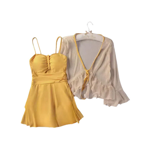 Women's One-piece Swimsuit with Pure Desire Style, Conservative with Covering Shirt, Concealing and Slimming Long Sleeve Conservative Vacation Swimsuit