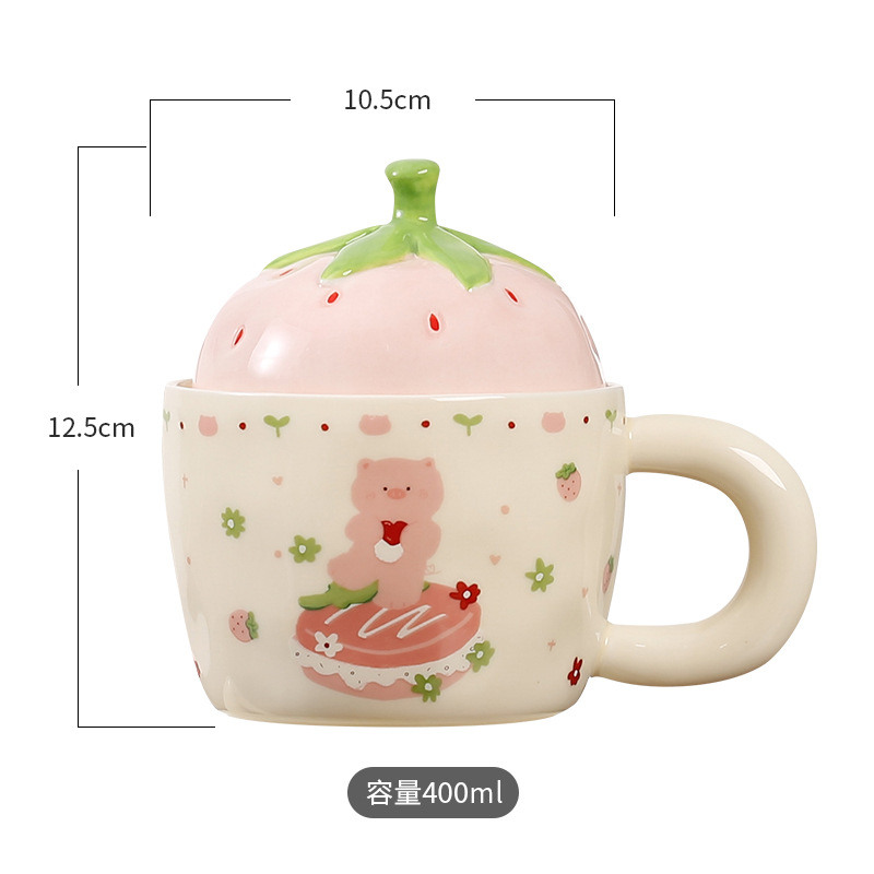 Taza de cerámica de fresa con tapa Taza de oficina de corazón de niña Taza de alto valor Taza con asa Regalo de apertura
