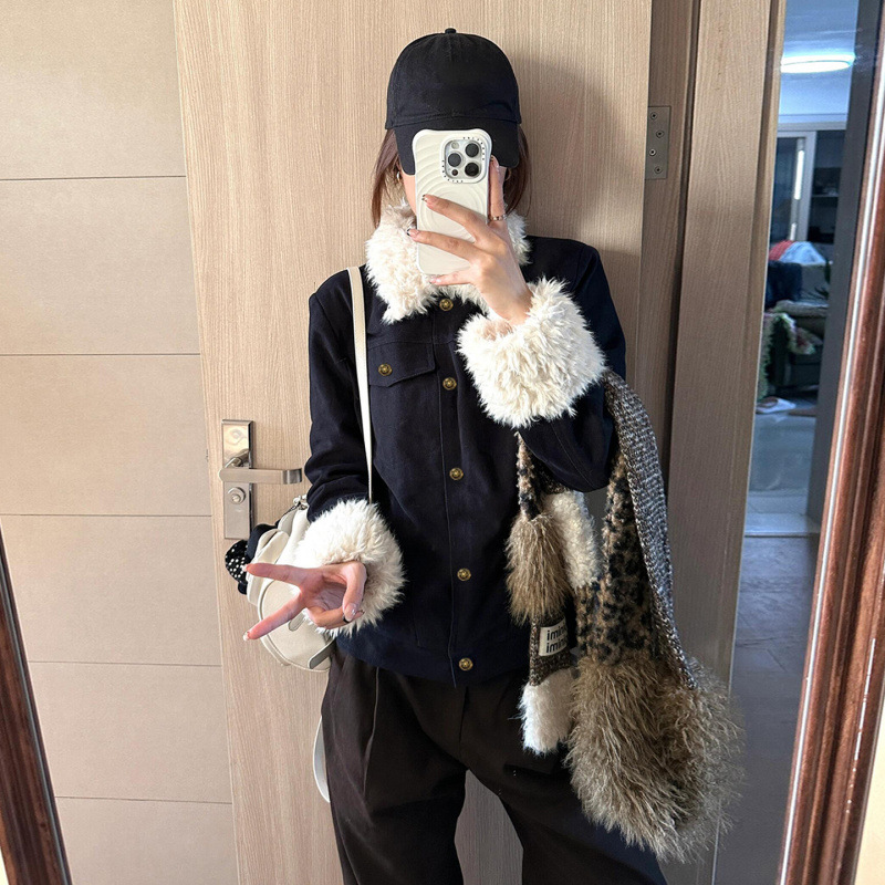 美式藏蓝色夹棉加厚外套女2025冬季新款羊羔毛拼接设计感短款上衣