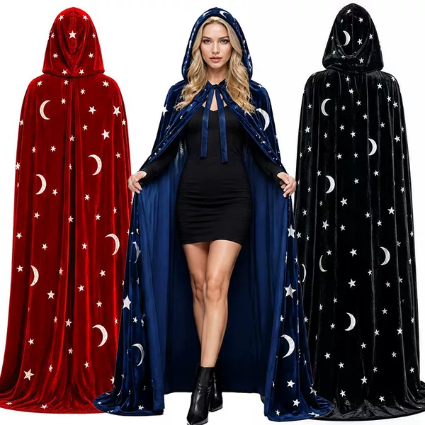 Halloween Grim Reaper Demon Vampire Magician Party Gathering Star Moon Velvet Cloak Role-Playing Costume
