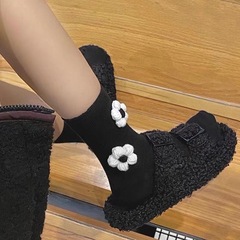 立體花朵襪子中筒襪新款黑白珍珠甜美花卉毛線針織韓系甜美批發襪