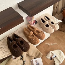 LUDAKE鹿大可毛毛鞋女外穿冬季圆头蝴蝶结加绒保暖一字带玛丽珍鞋