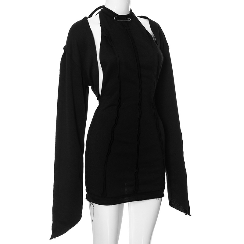 Women Clothing Winter Solid Color Hoodie Long Sleeve Halter Ripped Backless Short Dress Set