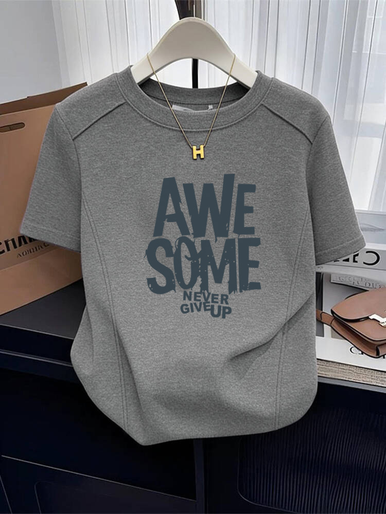 2026 New Style Straight Shoulder Pure Cotton Short-Sleeve T-Shirt for Women, Slim Fit, Slimming Gray Base Shirt, Summer Top