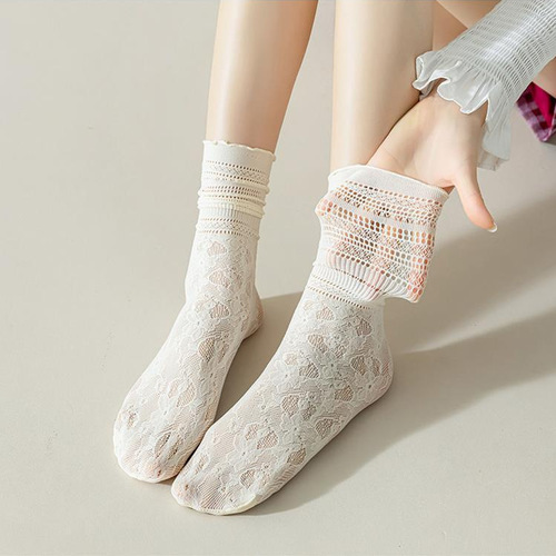 Summer Thin Ruffled Lace Socks for Women, Breathable Mesh Hollowed-Out Crew Socks with Floral Trim, Versatile White Mid-Calf Socks