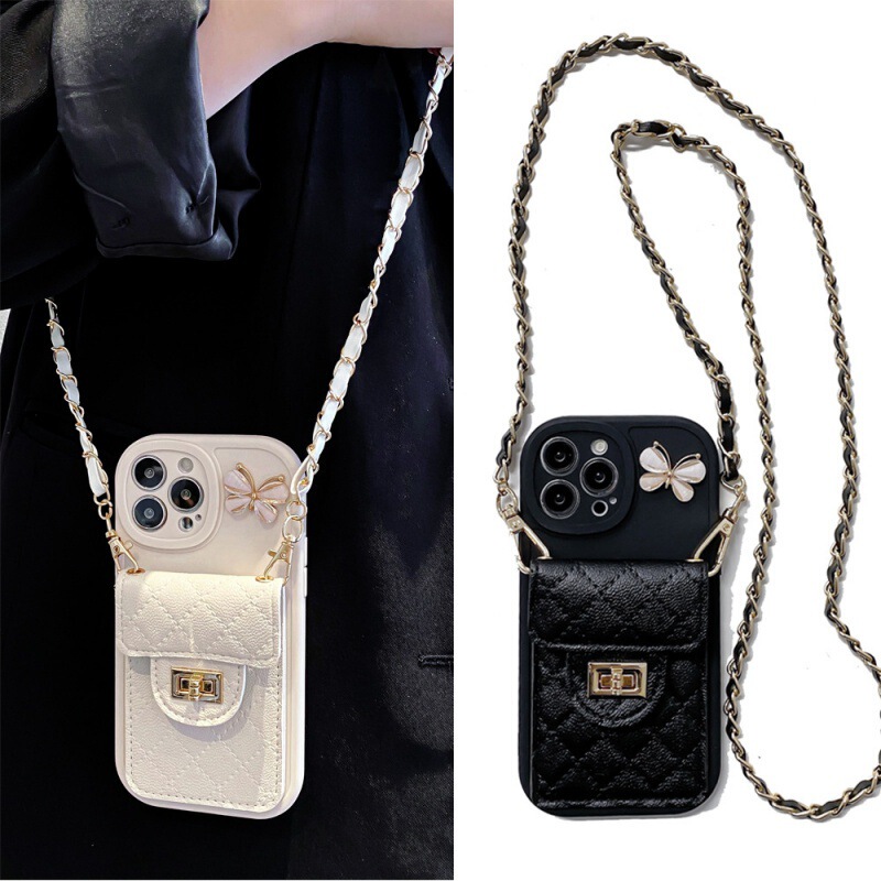 Chanel Style Butterfly Card Holder for iphone15 Apple 14/16Pro Phone Case 12 Crossbody 11 Lanyard X/XR