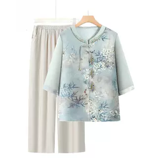 奶奶装夏装衬衫老年新中式短袖上衣妈妈衬衣老太太套装老人衣服女