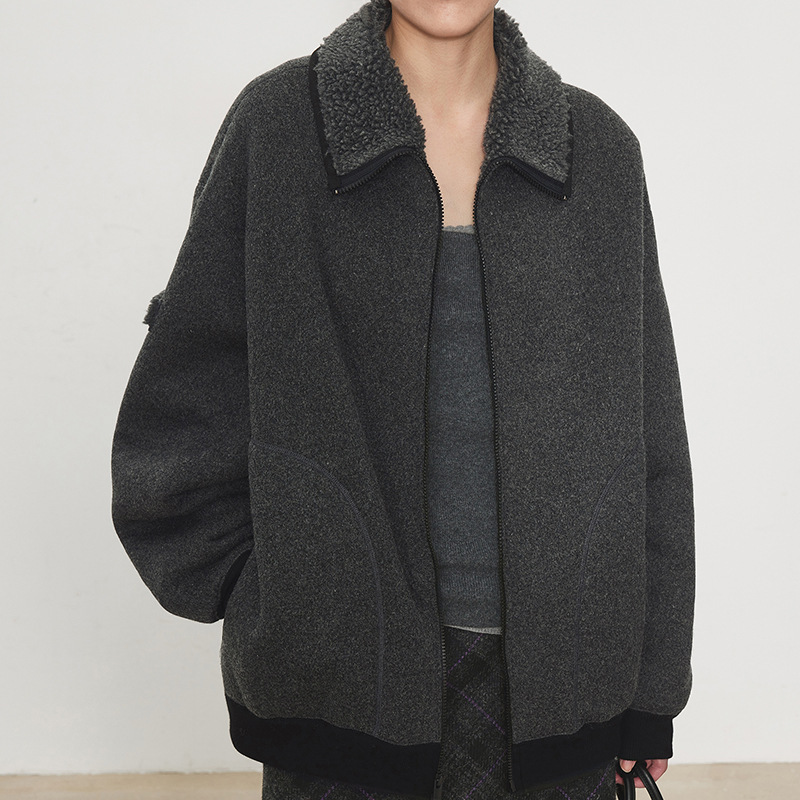 Chic Italian Luxury Silk Teddy Velvet/Wool Blend Stand-Up Collar Jacket 2026 Winter Loose Fit