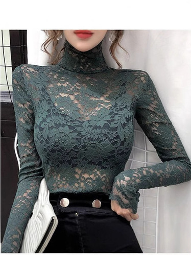 Women's Lace Camisole Top with Slits, Slimming Long-Sleeved and Short-Sleeved T-Shirt, Autumn/Winter Semi-High Collar, Body-Fitting Top for Wholesale and Dropshipping.