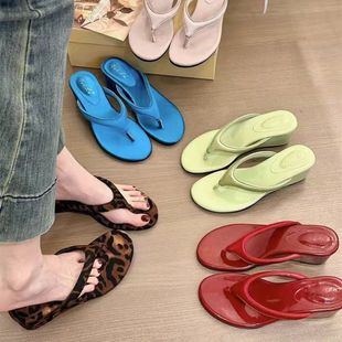 Elegant Wedge-Heeled Flip-Flops for Women with Skirts, Leopard Print Sandals, High-Heeled Sandals, 2025 Summer New Style